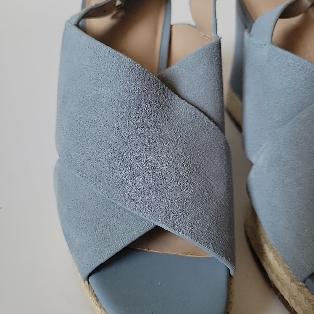 H Halston Stella Slingback Sandals 8.5M Powder Blue Suede Chambray Wedge Heel - Picture 8 of 16